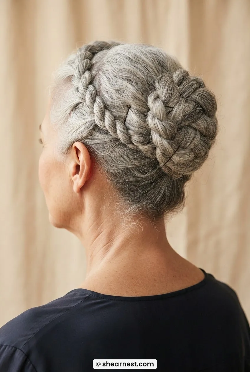 Three-quarter rear view of older woman with silver hair in twisted crown updo, rope twists meeting at back of head