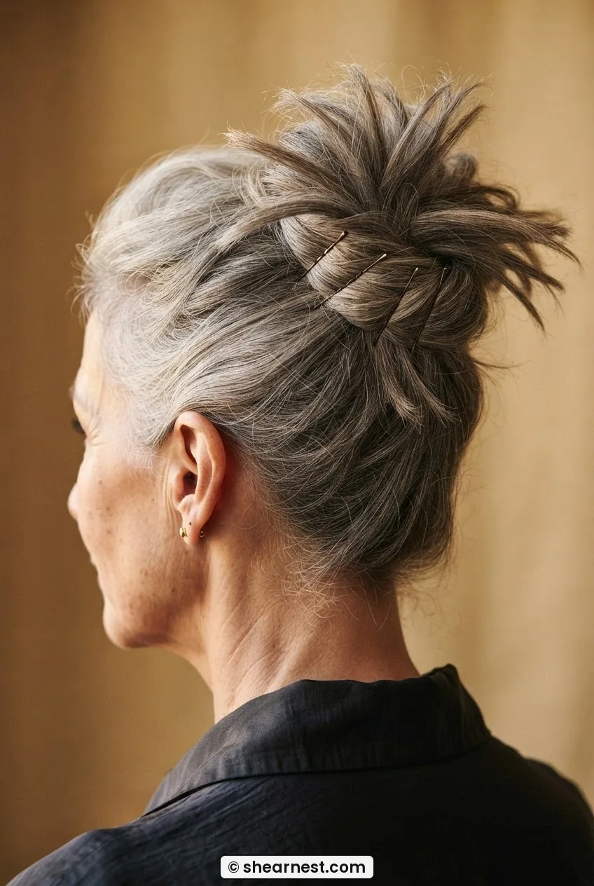 Side-rear editorial view of woman over 60 with silver hair in loose undone chignon lifted high with fanned ends
