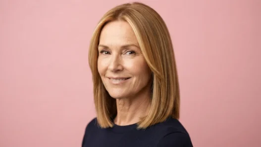 Woman in her late fifties with warm honey-blonde blunt lob to the collarbone showing even golden tones against soft pink backdrop