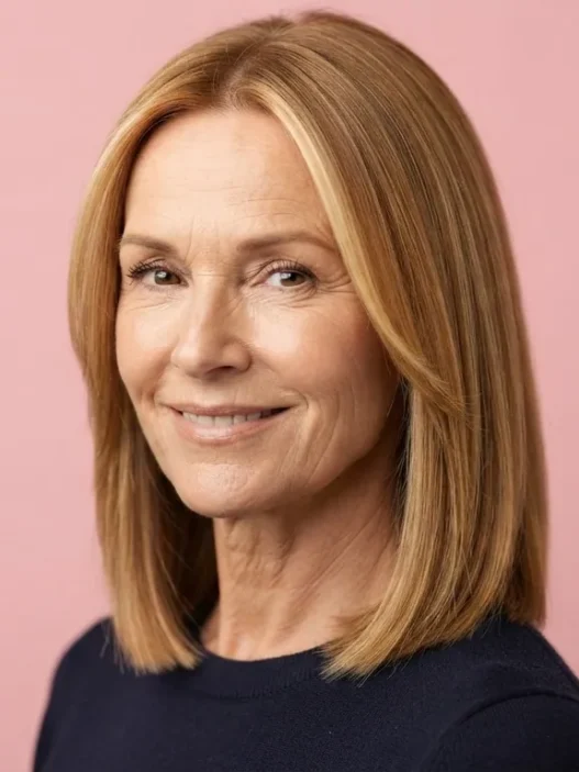 Woman in her late fifties with warm honey-blonde blunt lob to the collarbone showing even golden tones against soft pink backdrop