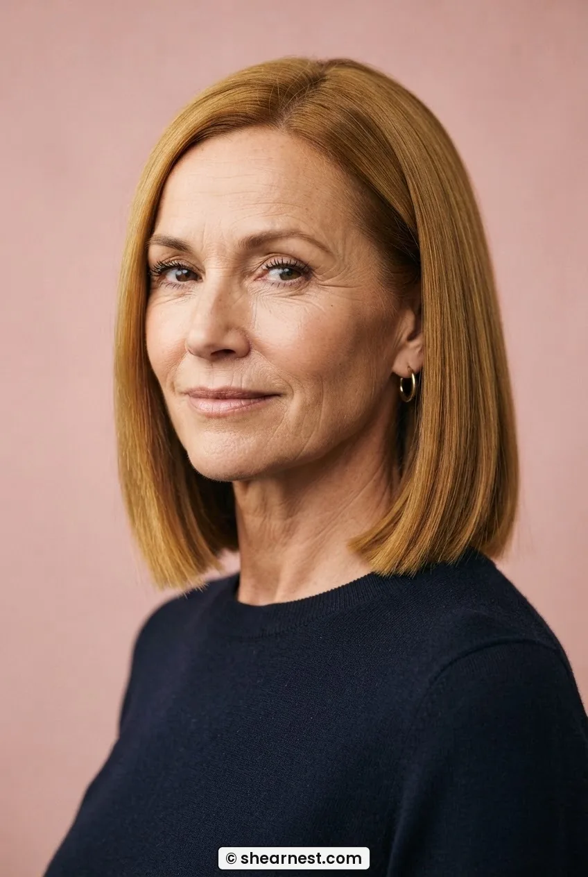 Woman with warm honey-blonde hair in a sleek blunt lob at collarbone length with slightly richer roots than ends in even frontal light