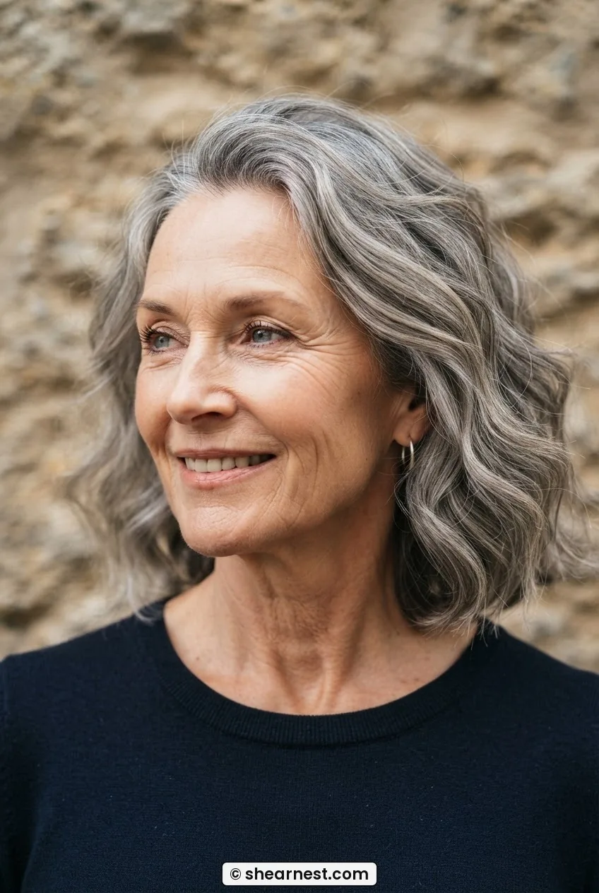 Woman in her sixties with a wavy grey lob sitting at jaw level, three quarter view against plain stone backdrop in soft light