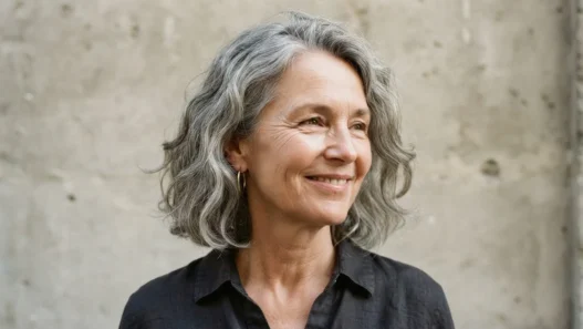 Sixty-year-old woman with square jaw and wavy grey lob against stone backdrop, wave sitting at jaw level