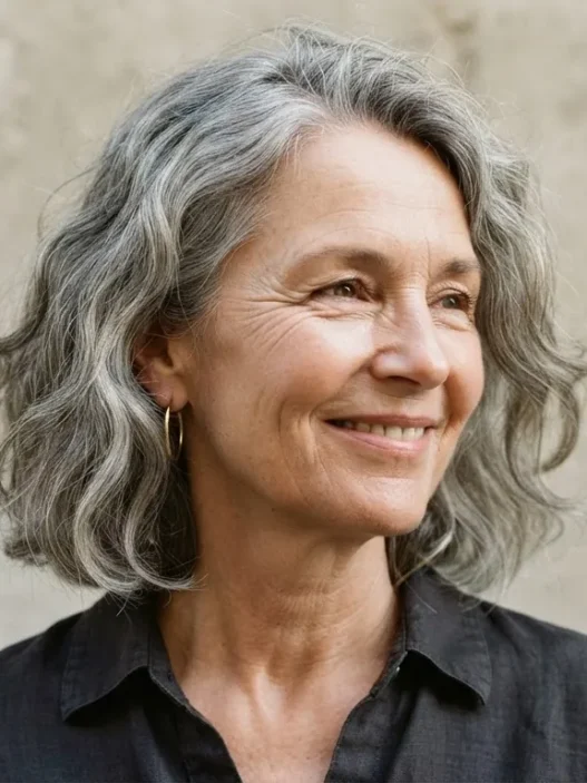 Sixty-year-old woman with square jaw and wavy grey lob against stone backdrop, wave sitting at jaw level