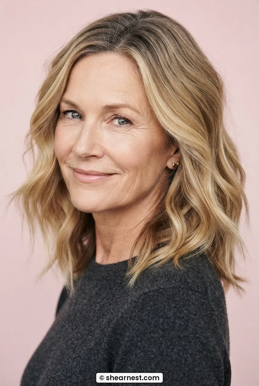 Woman with wavy shoulder-length lob showing seamless root melt from darker roots into mid-range lived-in blonde with wave movement