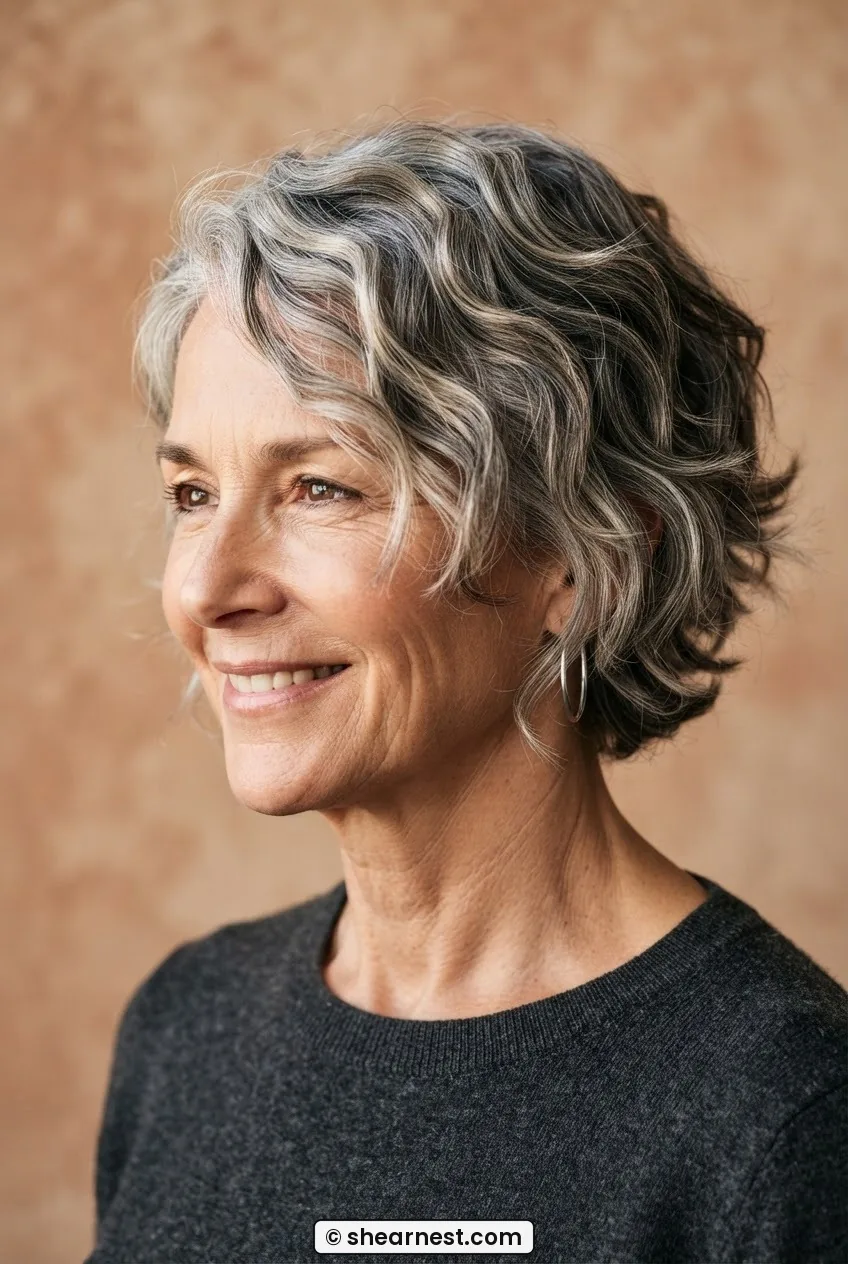 Three quarter view of a woman over 50 with a wavy pixie shag showing razored diffused perimeter and choppy crown layers