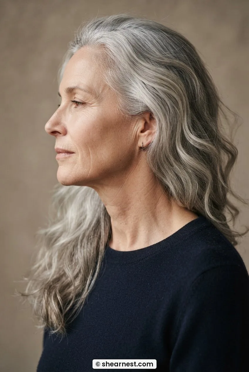 Side view of a woman in her mid fifties with long wavy silver hair showing internal layering and movement