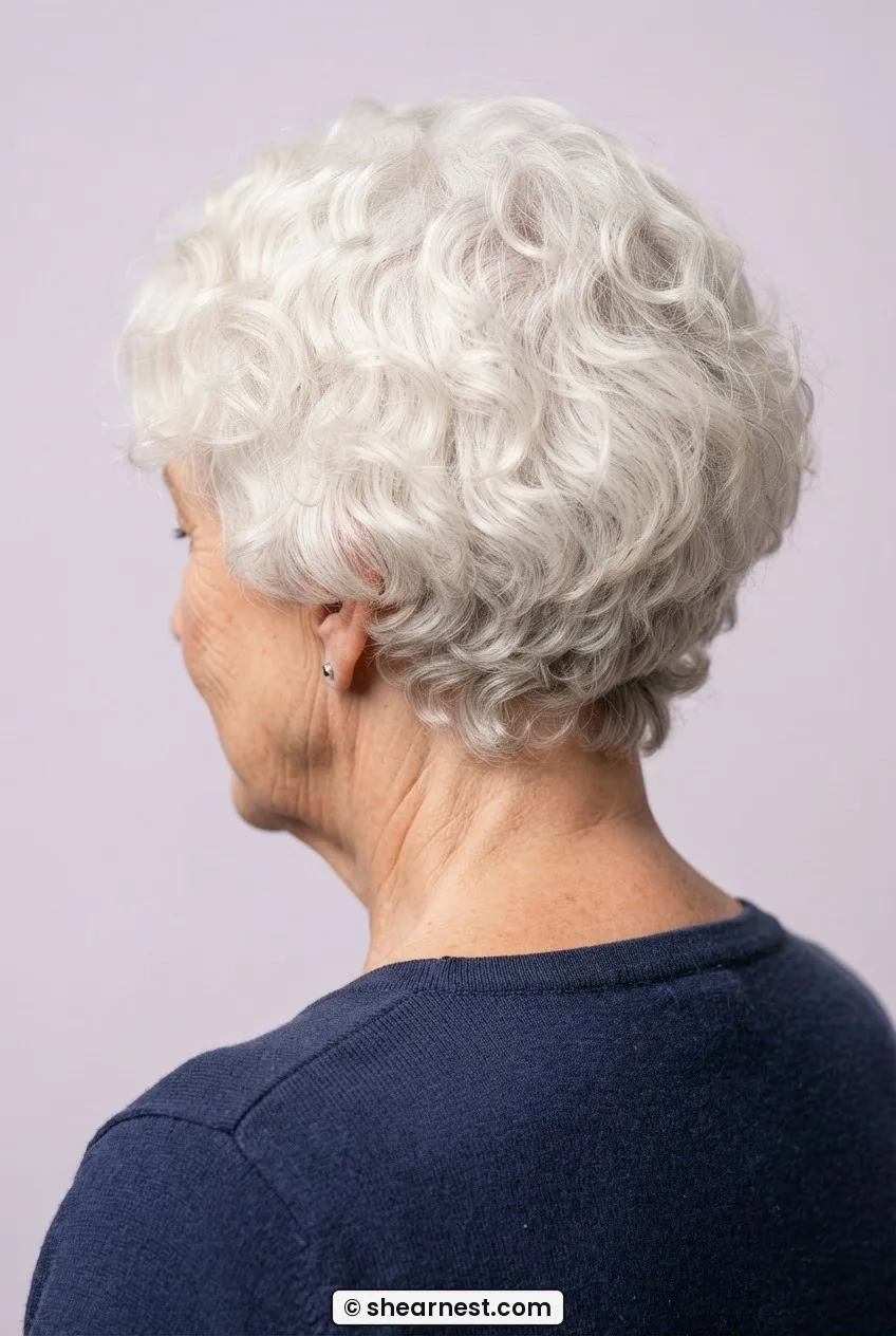 Rear three-quarter view of older woman with white textured curls showing crown and nape shape