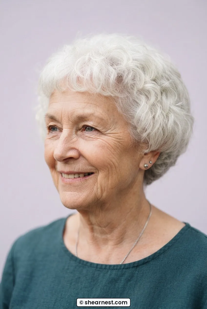 Older woman with short white natural curls uniformly cut into a rounded dome silhouette against a pale lilac backdrop