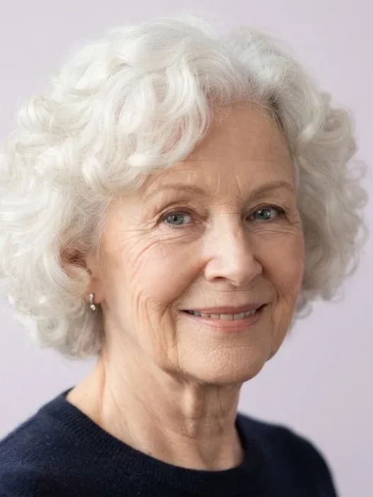 Elderly woman with soft white curls in a rounded set against a pale lilac backdrop, framed from crown to collarbone