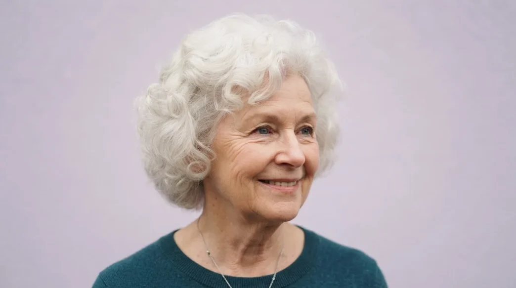 Seventy-two-year-old woman with soft rounded white curls against a pale lilac backdrop in gentle even light