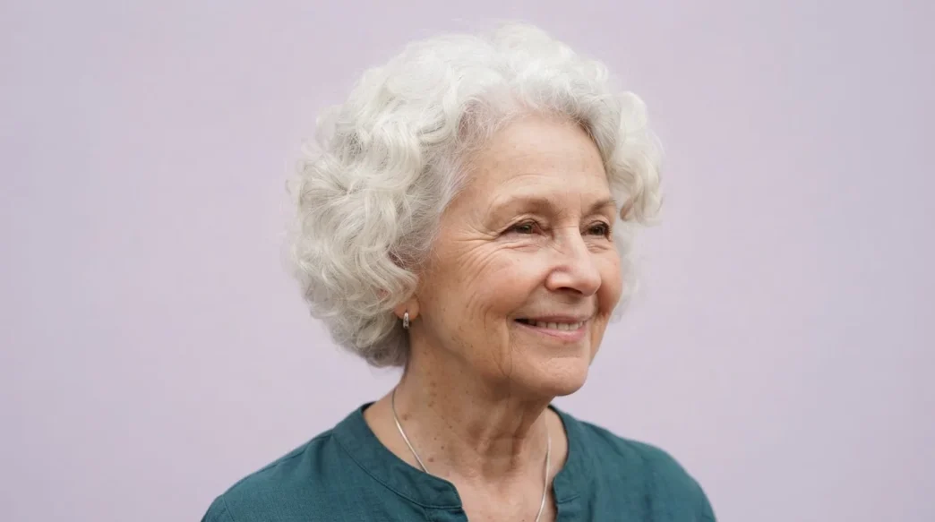 Elderly woman with soft white rounded curls against pale lilac backdrop in gentle even light