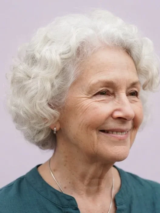 Elderly woman with soft white rounded curls against pale lilac backdrop in gentle even light