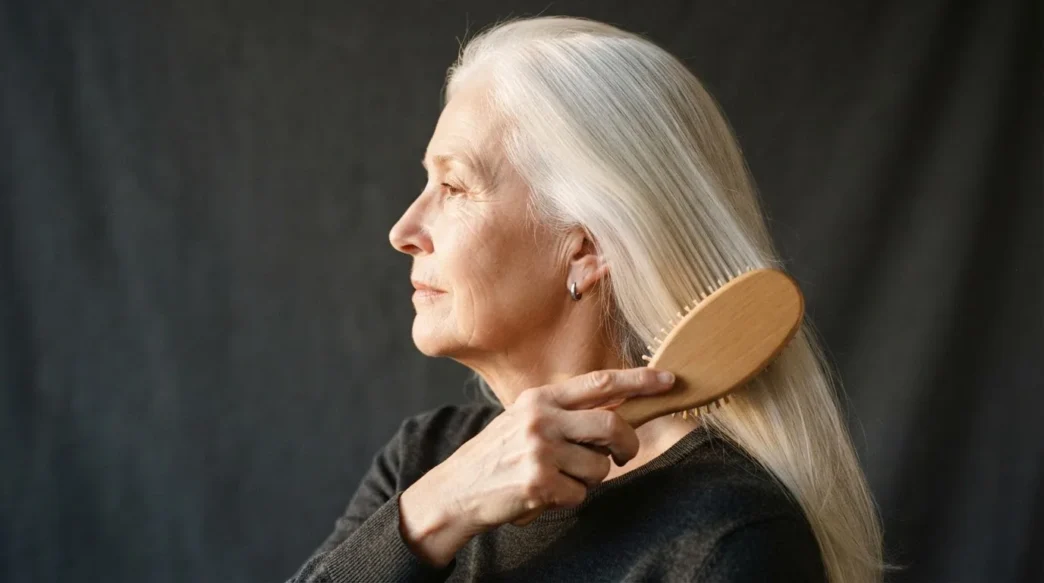 67-year-old woman with fine white hair being brushed smooth in profile view against charcoal backdrop with warm side light