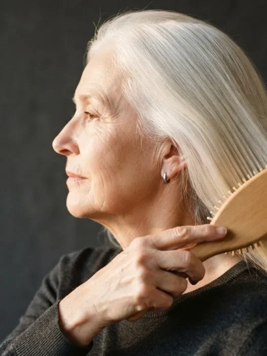 67-year-old woman with fine white hair being brushed smooth in profile view against charcoal backdrop with warm side light