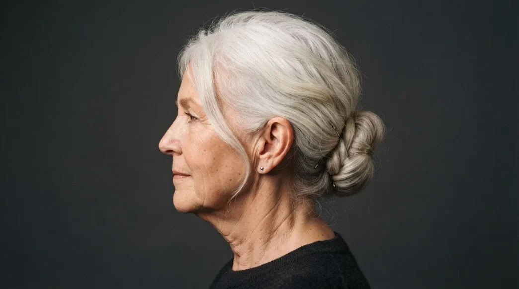 Profile view of older woman with white hair in a low chignon at the nape, warm side light on charcoal background
