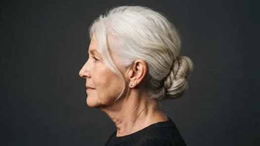 Profile view of older woman with white hair in a low chignon at the nape, warm side light on charcoal background