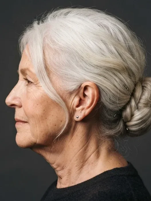 Profile view of older woman with white hair in a low chignon at the nape, warm side light on charcoal background