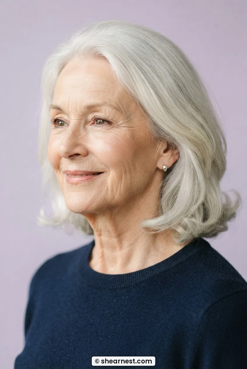 Three quarter view of a seventy-five-year-old woman wearing a soft white lob ending just below the jaw