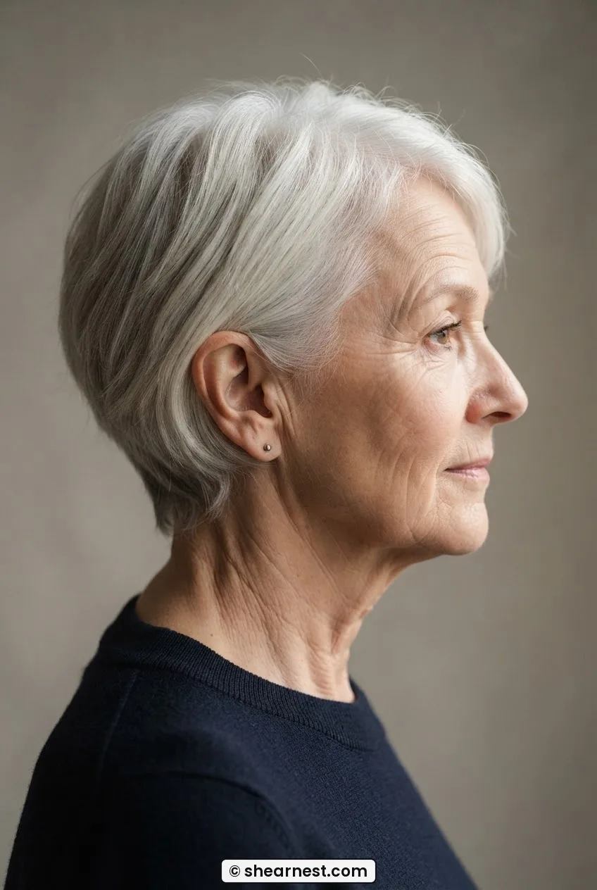 Side profile of a 67-year-old woman with short naturally white hair in a soft pixie-to-bob length, lit from the left