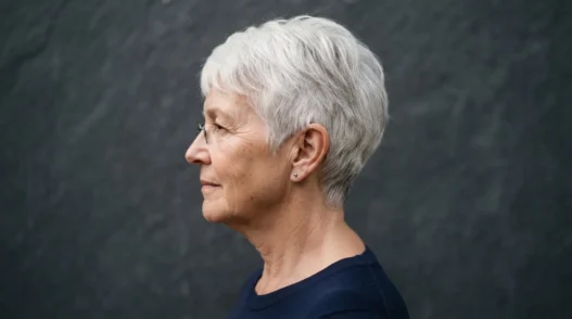 Side profile of a 66-year-old woman with a short white pixie cut against a plain slate backdrop with side lighting
