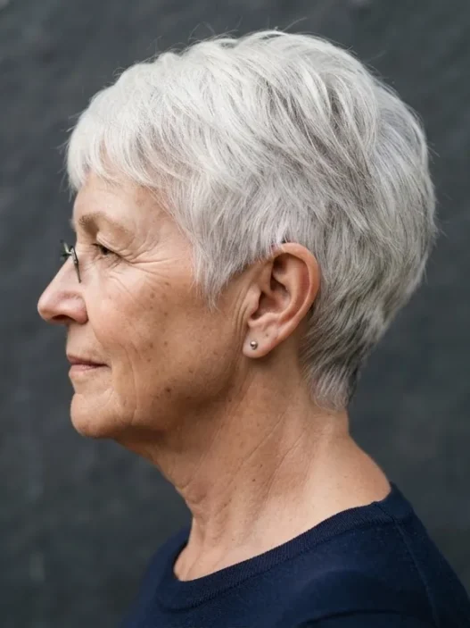 Side profile of a 66-year-old woman with a short white pixie cut against a plain slate backdrop with side lighting