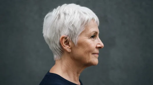 Profile view of a 66-year-old woman with a short white pixie cut, side light showing the taper at the nape and around the ear