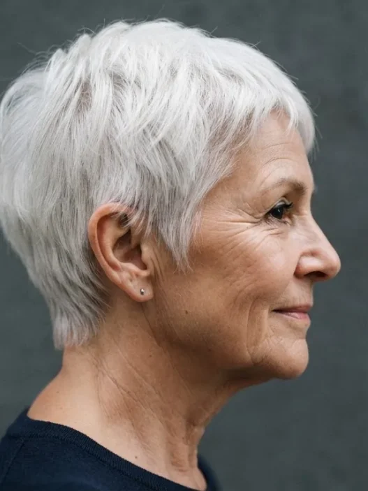 Profile view of a 66-year-old woman with a short white pixie cut, side light showing the taper at the nape and around the ear