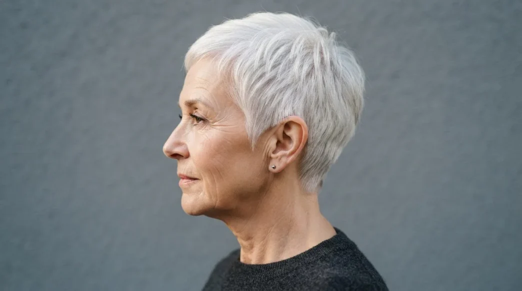 Profile view of a sixty-six-year-old woman with a short white pixie cut against a slate backdrop with side lighting on the nape taper