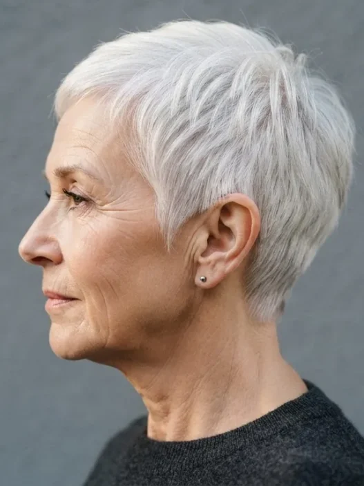 Profile view of a sixty-six-year-old woman with a short white pixie cut against a slate backdrop with side lighting on the nape taper