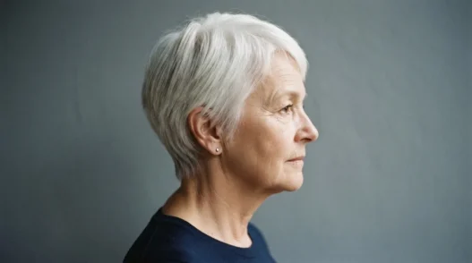 Profile view of a 66-year-old woman with a tapered white pixie cut against a slate backdrop with side lighting