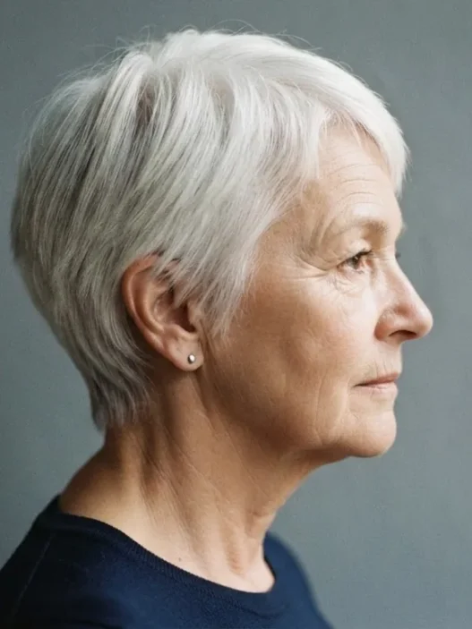 Profile view of a 66-year-old woman with a tapered white pixie cut against a slate backdrop with side lighting