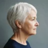Profile view of a 66-year-old woman with a tapered white pixie cut against a slate backdrop with side lighting