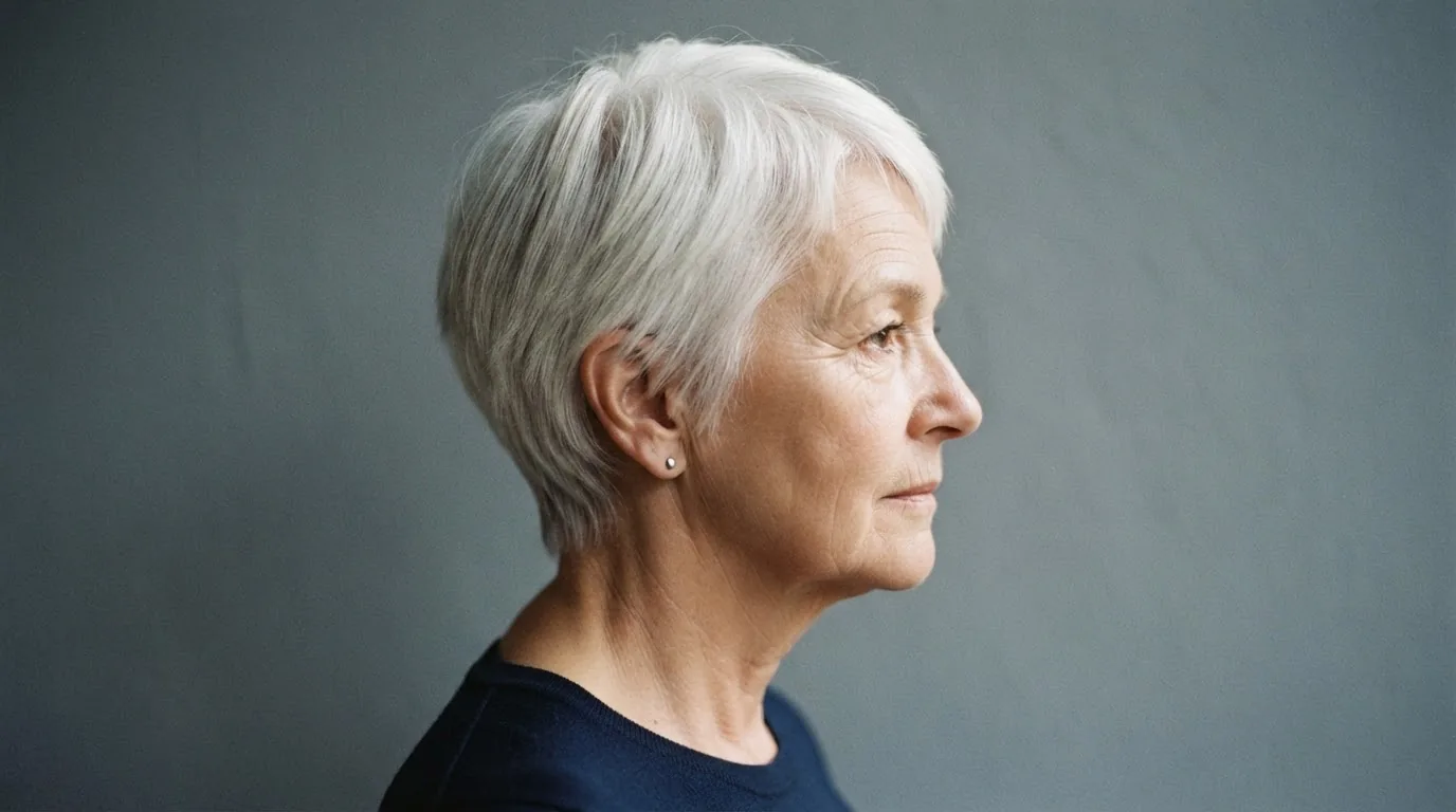 Profile view of a 66-year-old woman with a tapered white pixie cut against a slate backdrop with side lighting