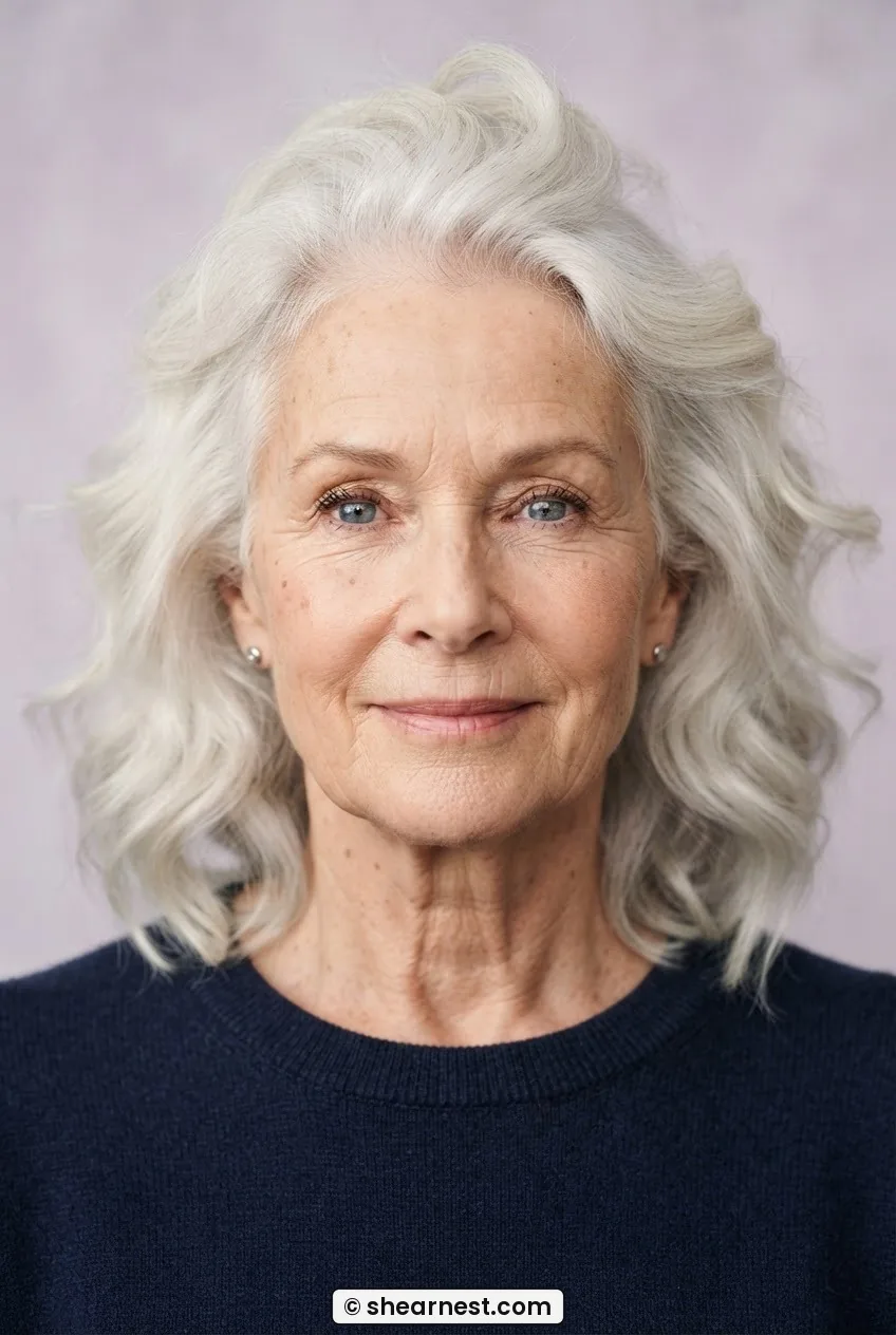 Front-facing view of a seventy-three-year-old woman with voluminous loosely waved white hair in diffused studio light
