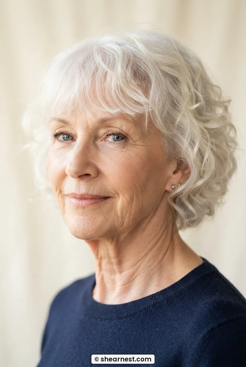 Older woman with white wispy fringe and soft layered curls framed from crown to collarbone