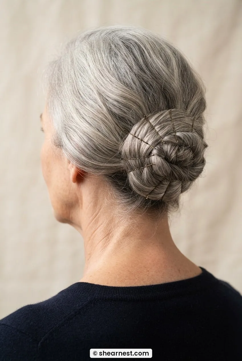Three-quarter rear view of silver hair coiled into a flat wrap-and-pin close to the head with fine pins on ivory backdrop